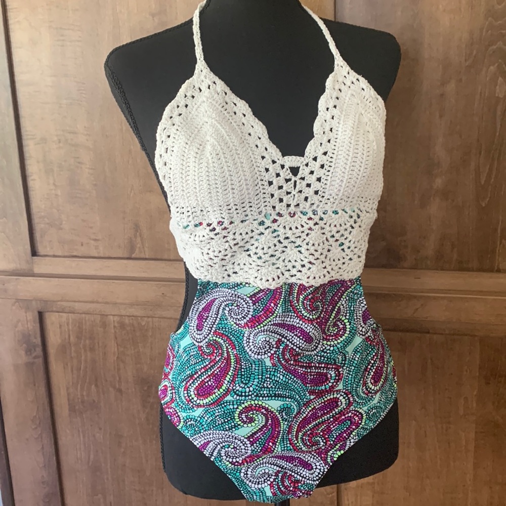 3/$30 NWT bathing suit one piece uni-kini crochet front